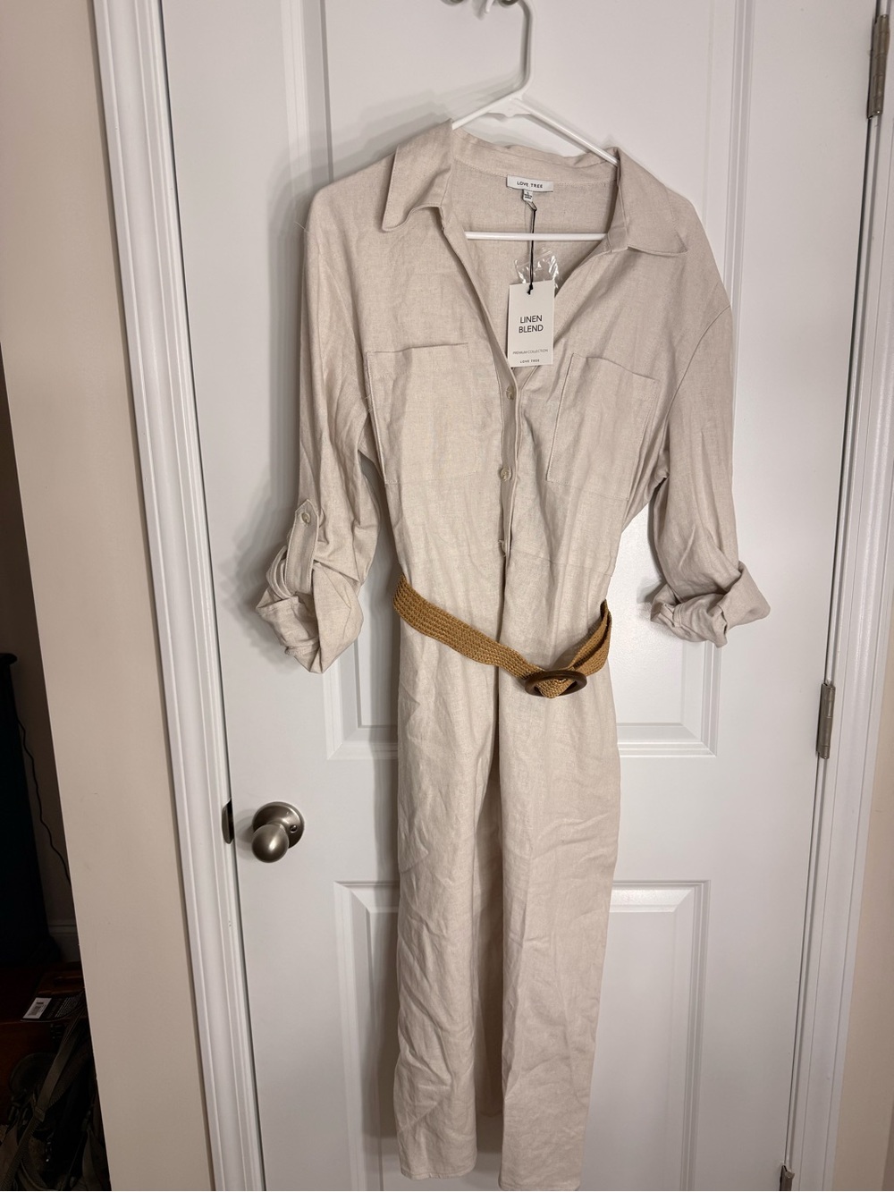 Light Beige Linen-Blend Button-Front Dress